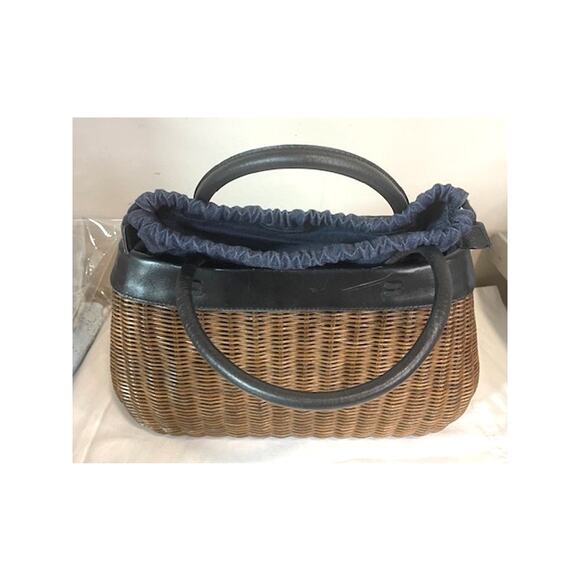 Vintage MAXX NEW YORK Wicker Purse Black Leather Trim Handle Cottage - Picture 2 of 10